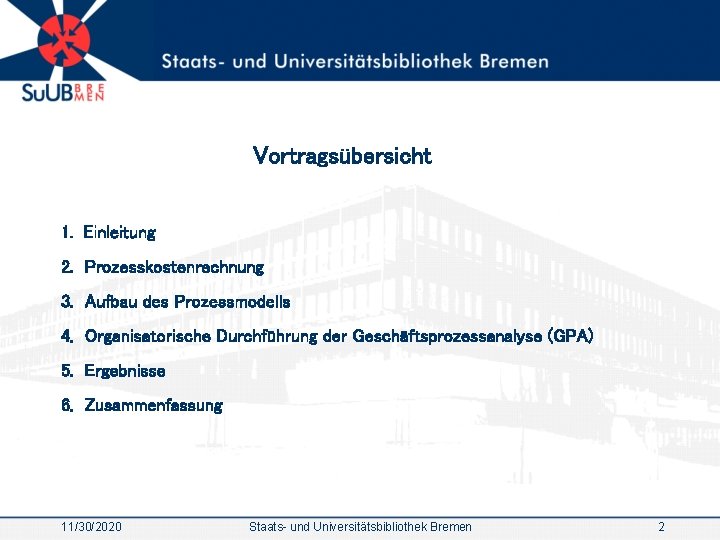 Vortragsübersicht 1. Einleitung 2. Prozesskostenrechnung 3. Aufbau des Prozessmodells 4. Organisatorische Durchführung der Geschäftsprozessanalyse