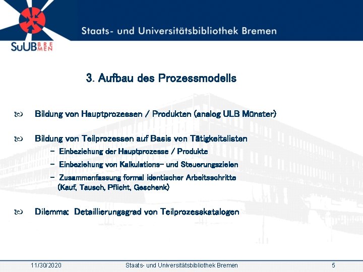 3. Aufbau des Prozessmodells Bildung von Hauptprozessen / Produkten (analog ULB Münster) Bildung von