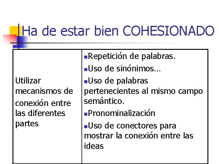 Ha de estar bien COHESIONADO Repetición de palabras. n. Uso de sinónimos… n. Uso