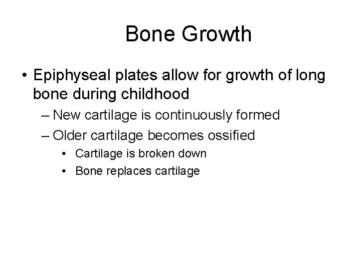 Bone Growth • Epiphyseal plates allow for growth of long bone during childhood –