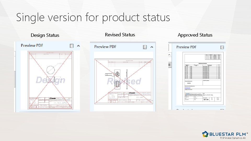 Single version for product status Design Status Revised Status Approved Status 