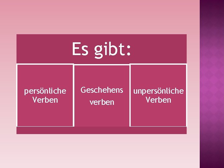 Es gibt: persönliche Verben Geschehens verben unpersönliche Verben 