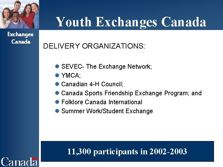 Youth Exchanges Canada DELIVERY ORGANIZATIONS: ® SEVEC- The Exchange Network; ® YMCA; ® Canadian