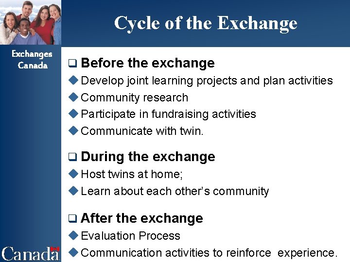 Cycle of the Exchanges Canada q Before the exchange u Develop joint learning projects