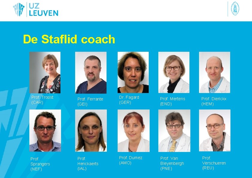 De Staflid coach Prof. Troost (CAR) Prof. Ferrante (GEI) Dr. Fagard (GER) Prof. Mertens