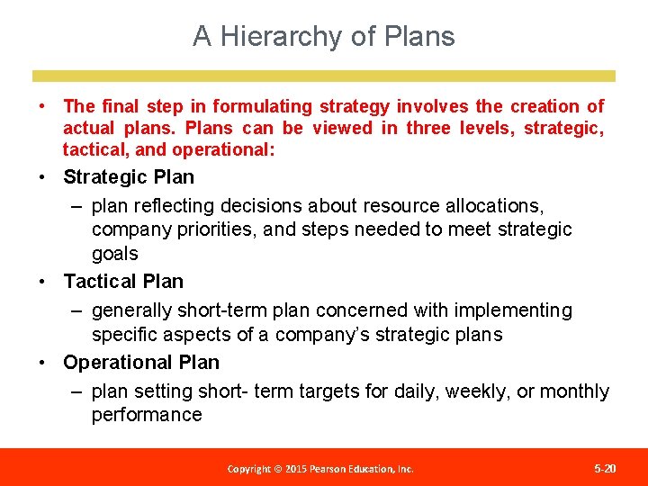 A Hierarchy of Plans • The final step in formulating strategy involves the creation