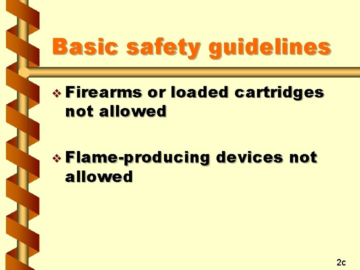 Basic safety guidelines v Firearms or loaded cartridges not allowed v Flame-producing allowed devices