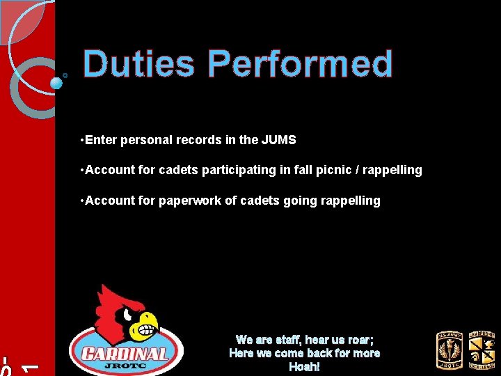 1 Duties Performed • Enter personal records in the JUMS • Account for cadets
