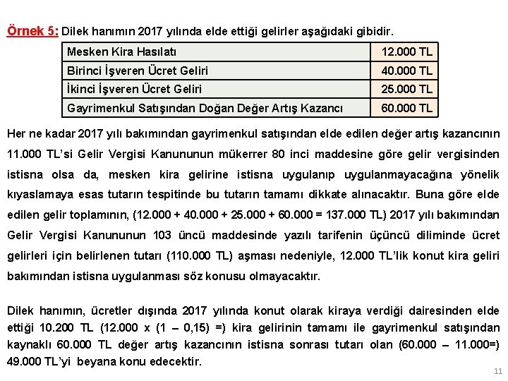 Örnek 5: Dilek hanımın 2017 yılında elde ettiği gelirler aşağıdaki gibidir. Mesken Kira Hasılatı