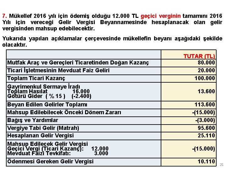 7. Mükellef 2016 yılı için ödemiş olduğu 12. 000 TL geçici verginin tamamını 2016