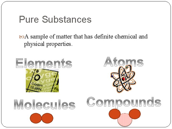 Pure Substances A sample of matter that has definite chemical and physical properties. 