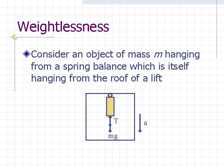 Weightlessness Consider an object of mass m hanging from a spring balance which is