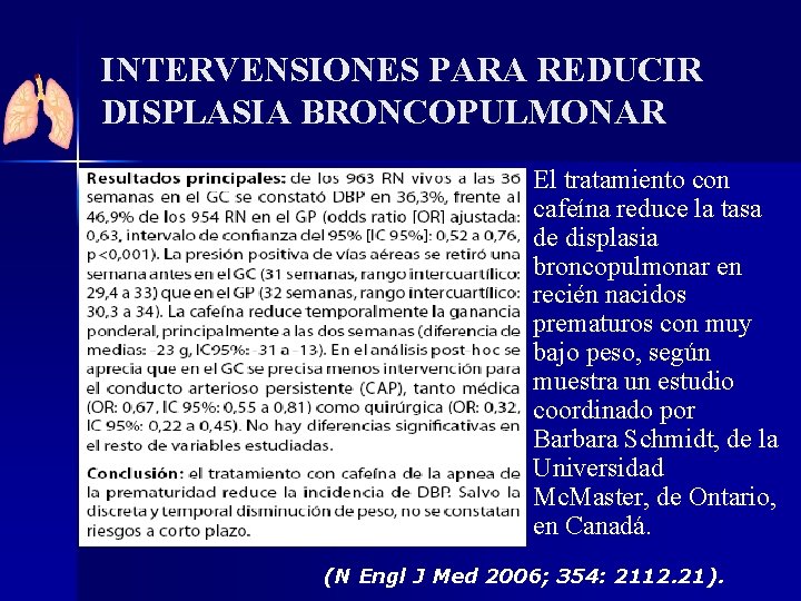 INTERVENSIONES PARA REDUCIR DISPLASIA BRONCOPULMONAR El tratamiento con cafeína reduce la tasa de displasia