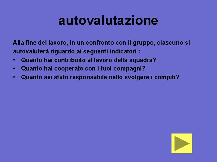 autovalutazione Alla fine del lavoro, in un confronto con il gruppo, ciascuno si autovaluterà