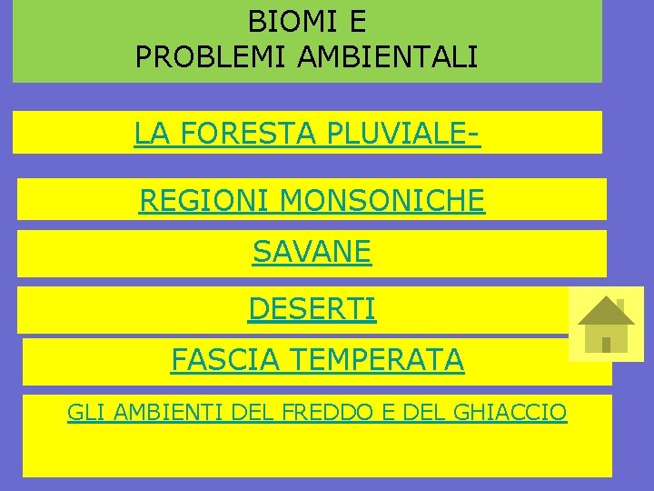 BIOMI E PROBLEMI AMBIENTALI LA FORESTA PLUVIALEREGIONI MONSONICHE SAVANE DESERTI FASCIA TEMPERATA GLI AMBIENTI