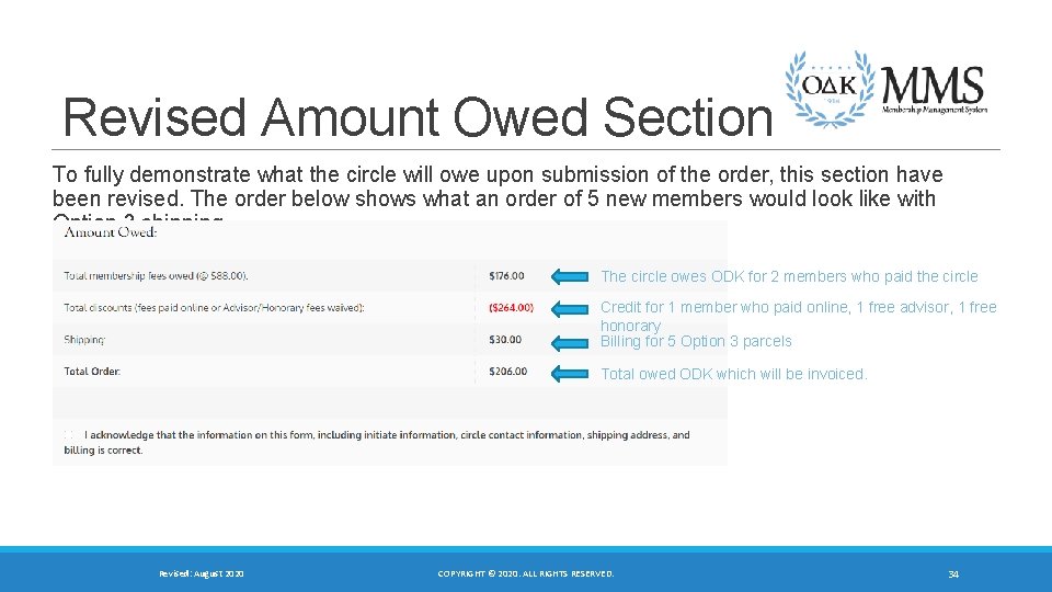 Revised Amount Owed Section To fully demonstrate what the circle will owe upon submission