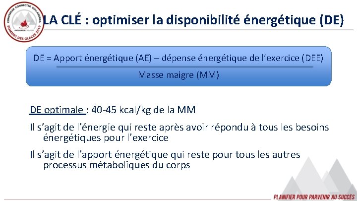 LA CLÉ : optimiser la disponibilité énergétique (DE) DE = Apport énergétique (AE) –