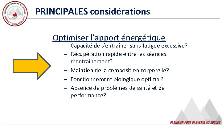 PRINCIPALES considérations Optimiser l’apport énergétique – Capacité de s’entraîner sans fatigue excessive? – Récupération