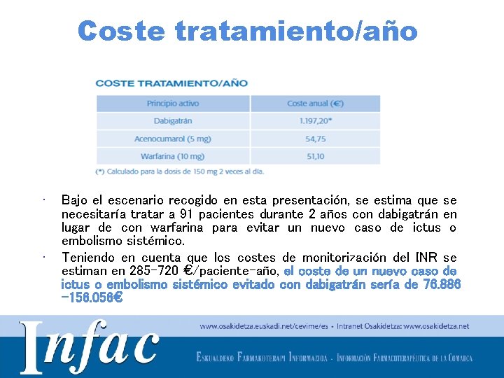 Coste tratamiento/año • • Bajo el escenario recogido en esta presentación, se estima que