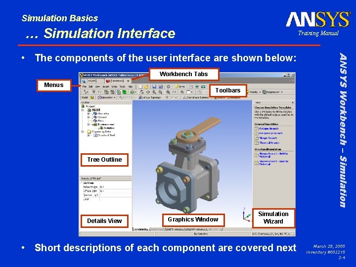 Simulation Basics … Simulation Interface Training Manual Workbench Tabs Menus Toolbars Tree Outline Details