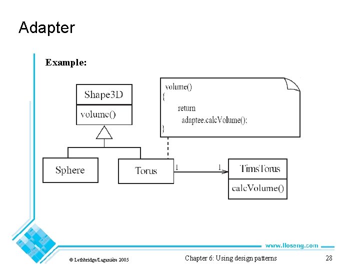 Adapter Example: © Lethbridge/Laganière 2005 Chapter 6: Using design patterns 28 
