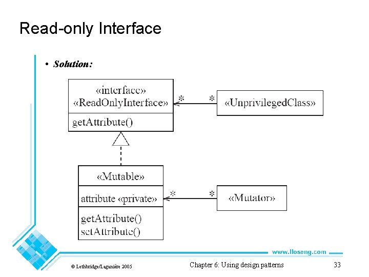 Read-only Interface • Solution: © Lethbridge/Laganière 2005 Chapter 6: Using design patterns 33 