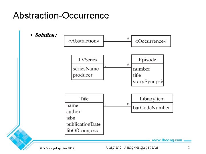 Abstraction-Occurrence • Solution: © Lethbridge/Laganière 2005 Chapter 6: Using design patterns 5 