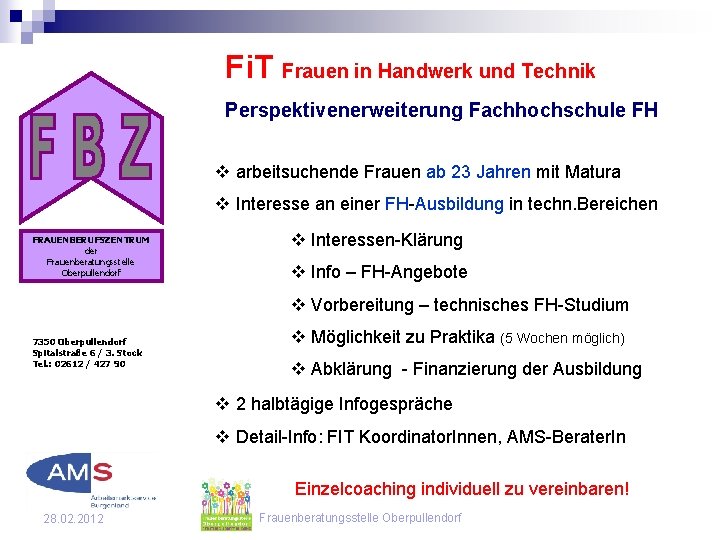 Fi. T Frauen in Handwerk und Technik Perspektivenerweiterung Fachhochschule FH v arbeitsuchende Frauen ab