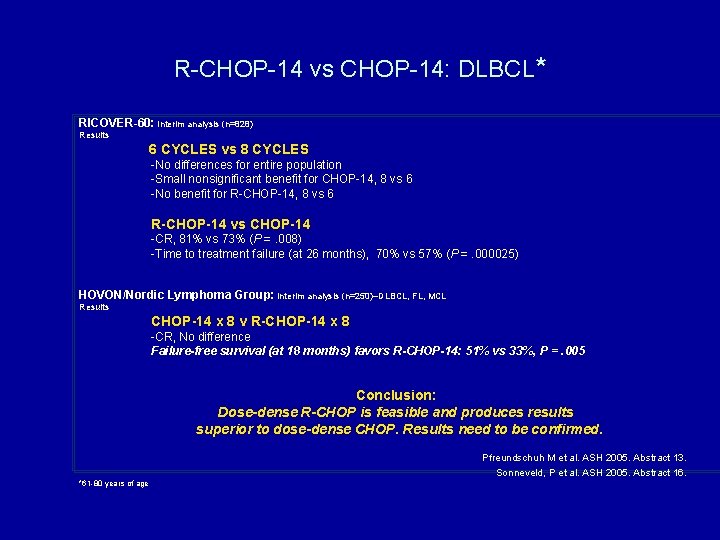 R-CHOP-14 vs CHOP-14: DLBCL* RICOVER-60: Interim analysis (n=828) Results 6 CYCLES vs 8 CYCLES