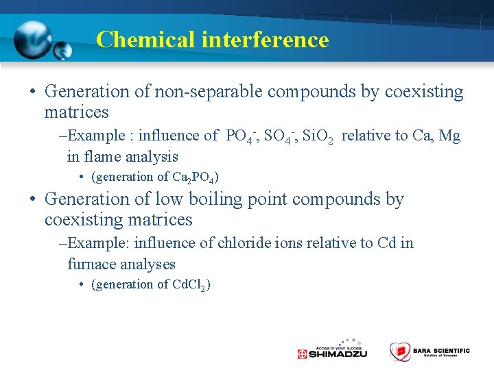 Chemical interference • Generation of non-separable compounds by coexisting matrices –Example : influence of