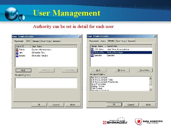 User Management Authority can be set in detail for each user 