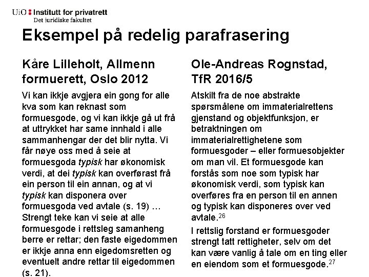 Eksempel på redelig parafrasering Kåre Lilleholt, Allmenn formuerett, Oslo 2012 Ole-Andreas Rognstad, Tf. R