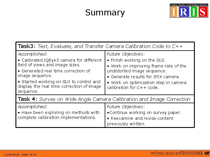 Summary Task 3: Test, Evaluate, and Transfer Camera Calibration Code to C++ Accomplished: •