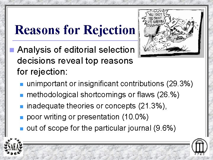 Reasons for Rejection n Analysis of editorial selection decisions reveal top reasons for rejection: