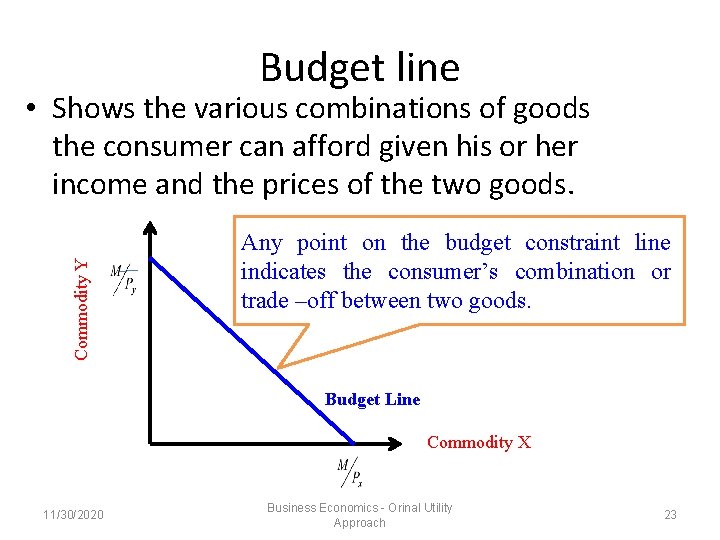 Budget line Commodity Y • Shows the various combinations of goods the consumer can