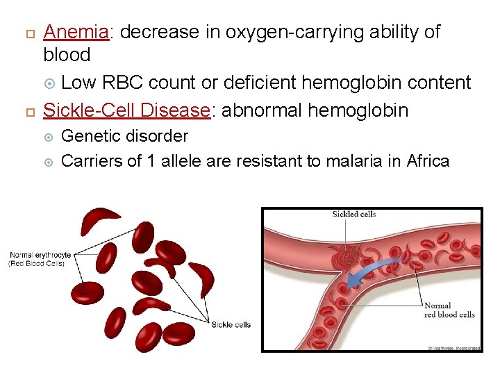  Anemia: decrease in oxygen-carrying ability of blood Low RBC count or deficient hemoglobin