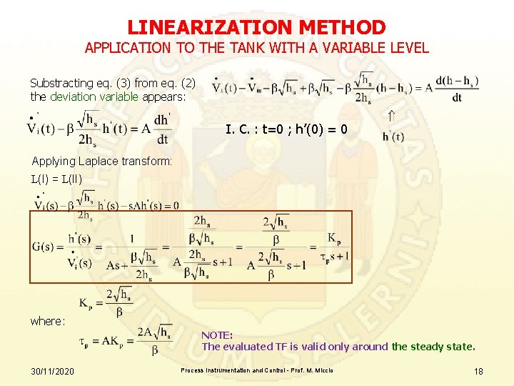 LINEARIZATION METHOD APPLICATION TO THE TANK WITH A VARIABLE LEVEL Substracting eq. (3) from