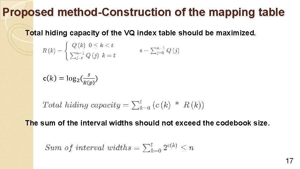 Proposed method-Construction of the mapping table Total hiding capacity of the VQ index table