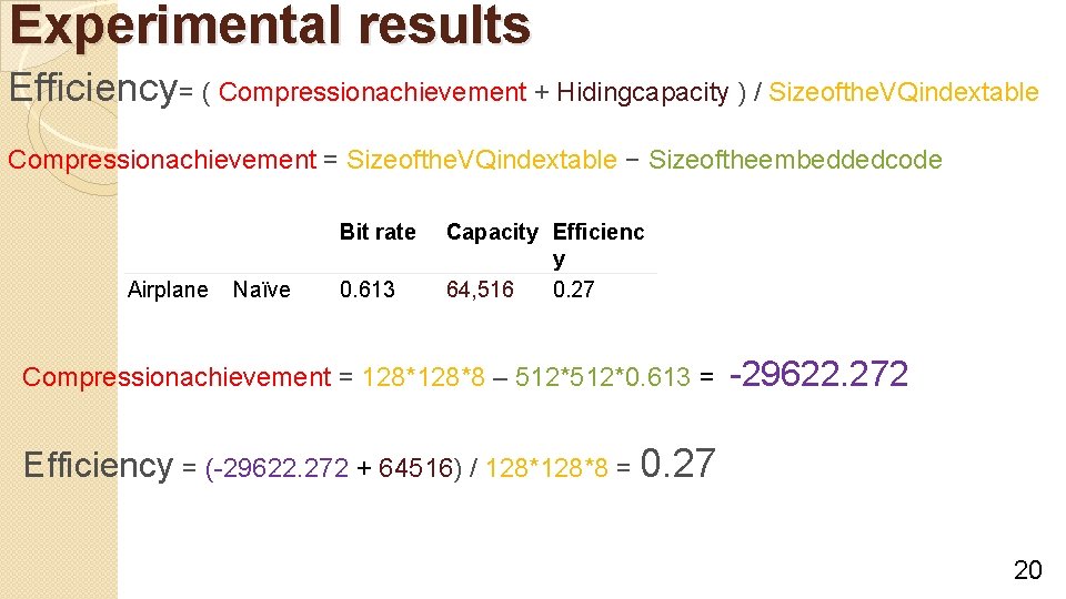 Experimental results Efficiency= ( Compressionachievement + Hidingcapacity ) / Sizeofthe. VQindextable Compressionachievement = Sizeofthe.