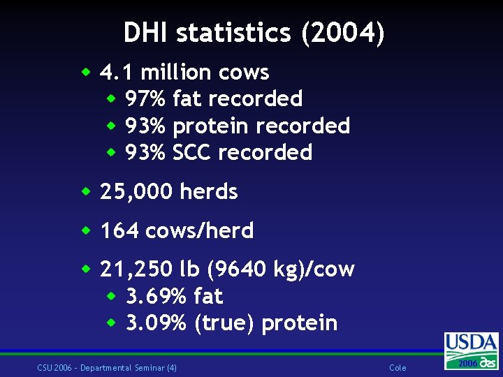 DHI statistics (2004) w 4. 1 million cows w 97% fat recorded w 93%