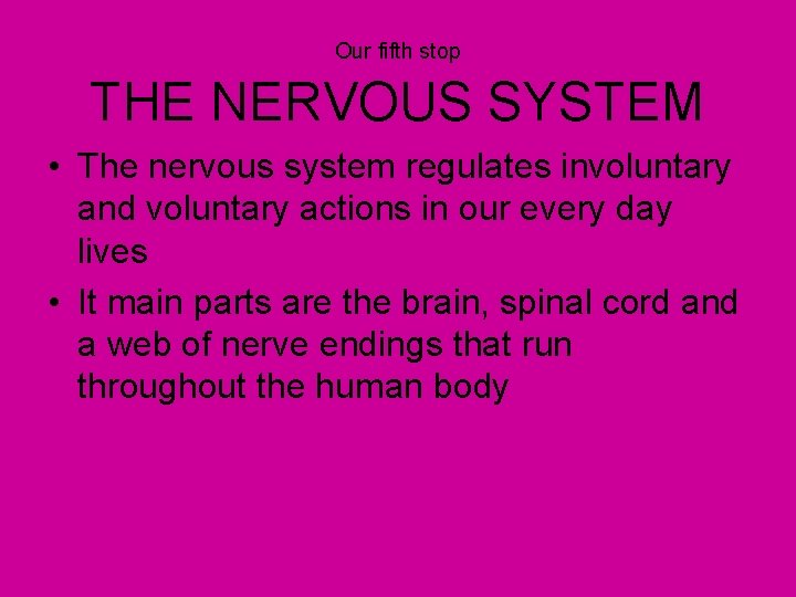 Our fifth stop THE NERVOUS SYSTEM • The nervous system regulates involuntary and voluntary