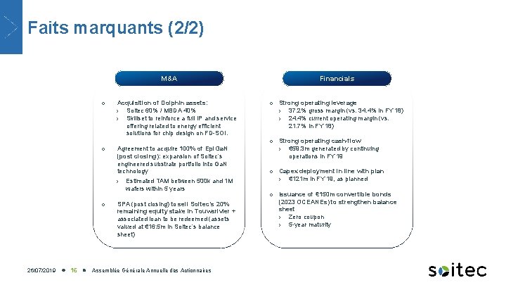 Faits marquants (2/2) M&A o o Acquisition of Dolphin assets: Soitec 60% / MBDA