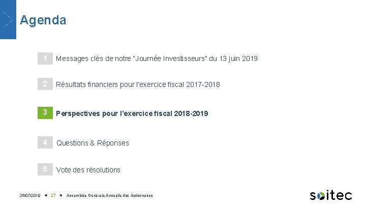 Agenda 26/07/2019 1 Messages clés de notre “Journée Investisseurs” du 13 juin 2019 2