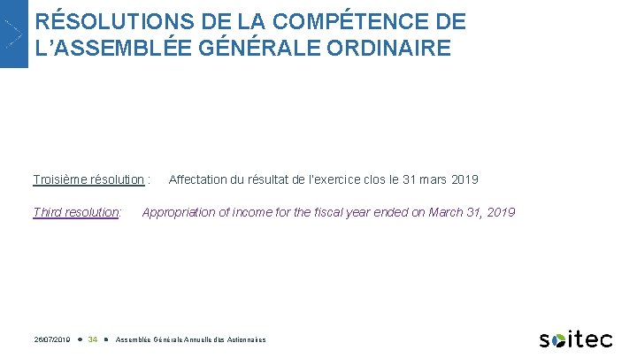 RÉSOLUTIONS DE LA COMPÉTENCE DE L’ASSEMBLÉE GÉNÉRALE ORDINAIRE Troisième résolution : Third resolution: 26/07/2019