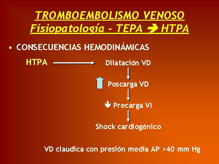 TROMBOEMBOLISMO VENOSO Fisiopatología - TEPA HTPA • CONSECUENCIAS HEMODINÁMICAS HTPA Dilatación VD Poscarga VD