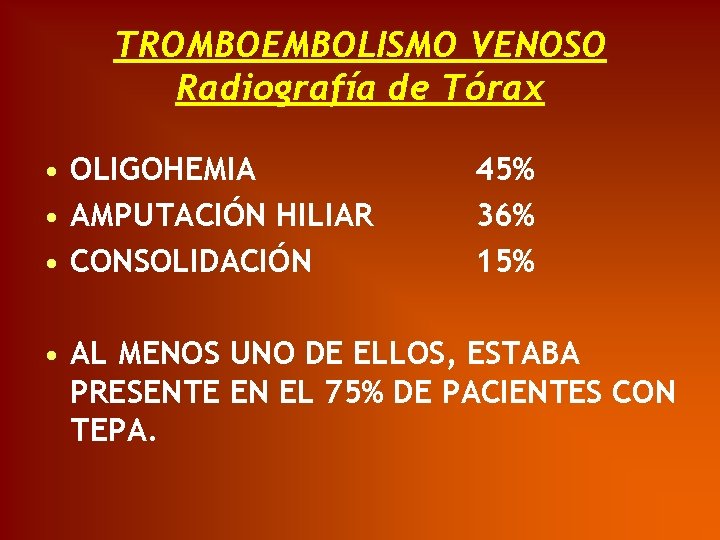 TROMBOEMBOLISMO VENOSO Radiografía de Tórax • OLIGOHEMIA • AMPUTACIÓN HILIAR • CONSOLIDACIÓN 45% 36%
