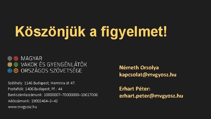 Köszönjük a figyelmet! Németh Orsolya kapcsolat@mvgyosz. hu Székhely: 1146 Budapest, Hermina út 47. Postafiók: