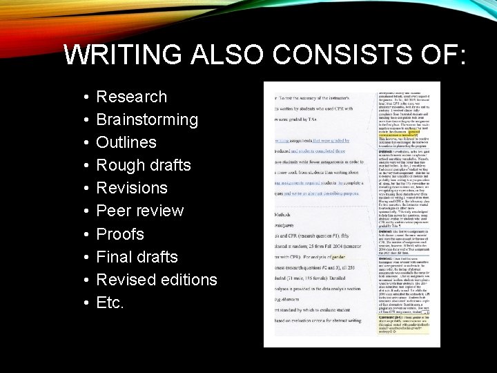 WRITING ALSO CONSISTS OF: • • • Research Brainstorming Outlines Rough drafts Revisions Peer
