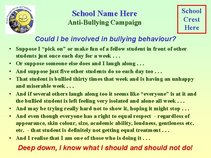 School Name Here Anti-Bullying Campaign School Crest Here Could I be involved in bullying