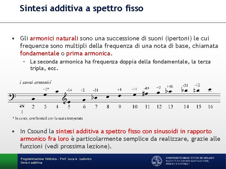 Sintesi additiva a spettro fisso • Gli armonici naturali sono una successione di suoni